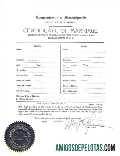 EUA, os registros de Massachusetts na certidão de casamento de Townsend modelo